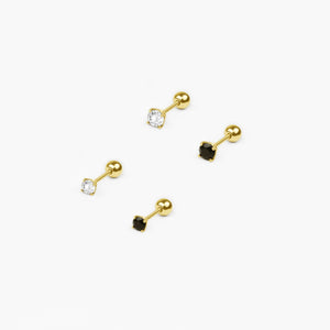 14k Solid Gold 2mm 3mm Clear Black Stone Stud Earring